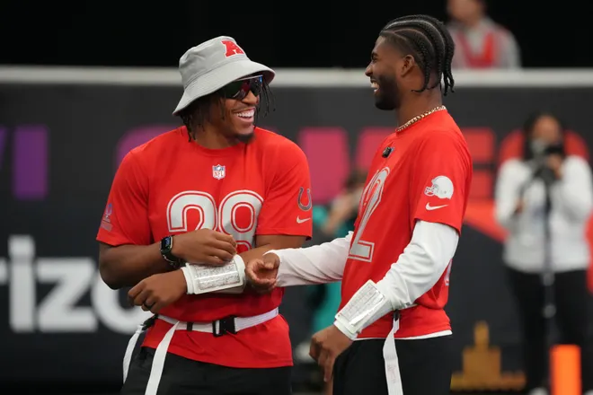 Feb 1, 2026; San Francisco, CA, USA; Indianapolis Colts running back Jonathan Taylor (28) and Cleveland Browns quarterback Shadeur Sanders (12) during AFC practice at the Flag Fieldhouse Moscone Center South Building. Mandatory Credit: Kirby Lee-Imagn Images