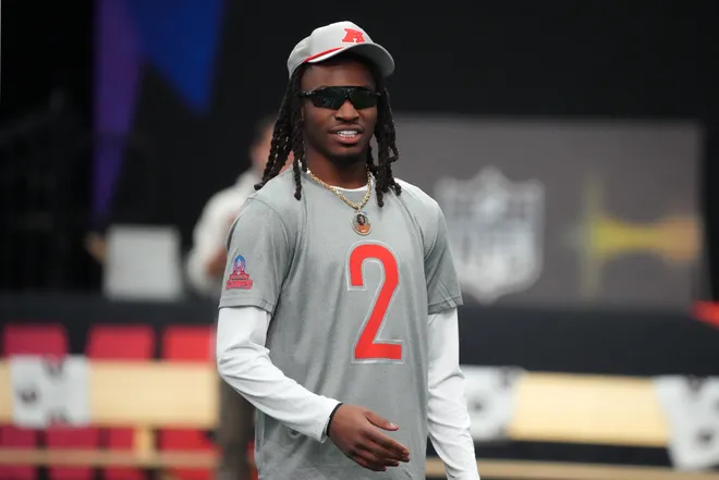 Feb 1, 2026; San Francisco, CA, USA; Houston Texans safety Calen Bullock (2) during AFC practice at the Flag Fieldhouse Moscone Center South Building. Mandatory Credit: Kirby Lee-Imagn Images