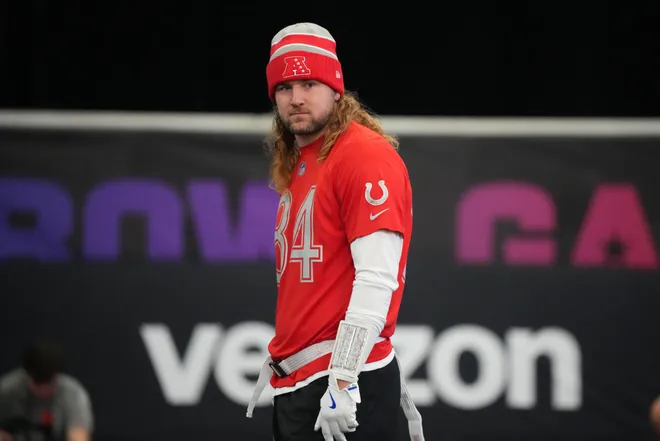 Feb 1, 2026; San Francisco, CA, USA; Indianapolis Colts tight end Tyler Warren (84) during AFC practice at the Flag Fieldhouse Moscone Center South Building. Mandatory Credit: Kirby Lee-Imagn Images