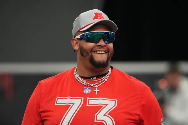 Feb 1, 2026; San Francisco, CA, USA; Buffalo Bills tackle Dion Dawkins (73) during AFC practice at the Flag Fieldhouse Moscone Center South Building. Mandatory Credit: Kirby Lee-Imagn Images
