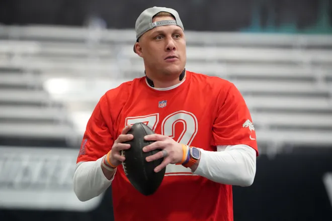 Feb 1, 2026; San Francisco, CA, USA; Denver Broncos tackle Garret Bolles (72) during AFC practice at the Flag Fieldhouse Moscone Center South Building. Mandatory Credit: Kirby Lee-Imagn Images