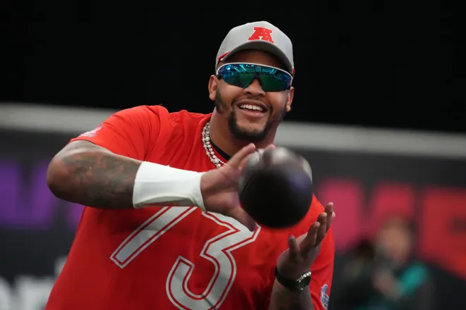 Feb 1, 2026; San Francisco, CA, USA; Buffalo Bills tackle Dion Dawkins (73) during AFC practice at the Flag Fieldhouse Moscone Center South Building. Mandatory Credit: Kirby Lee-Imagn Images