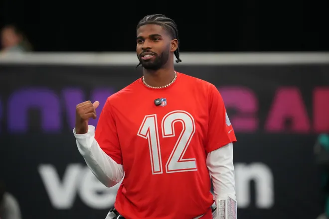 Feb 1, 2026; San Francisco, CA, USA; Cleveland Browns quarterback Shadeur Sanders (12) during AFC practice at the Flag Fieldhouse Moscone Center South Building. Mandatory Credit: Kirby Lee-Imagn Images