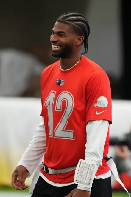 Feb 1, 2026; San Francisco, CA, USA; Cleveland Browns quarterback Shadeur Sanders (12) during AFC practice at the Flag Fieldhouse Moscone Center South Building. Mandatory Credit: Kirby Lee-Imagn Images