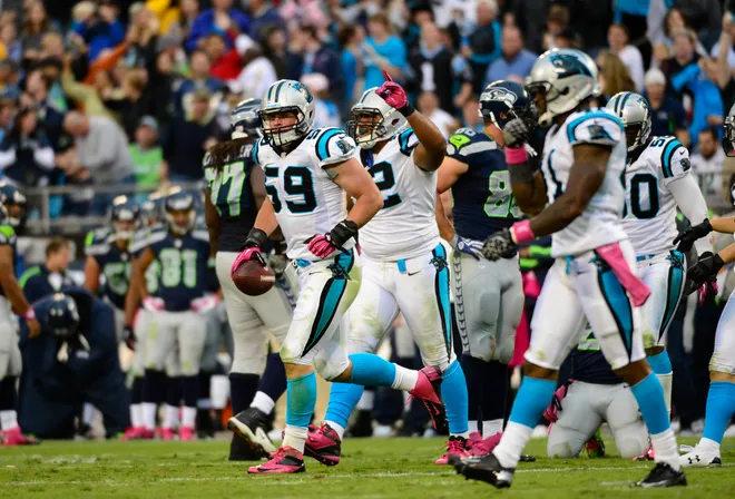 Oct 7, 2012; Charlotte, NC, USA; Carolina Panthers outside linebacker Luke Kuechly (59) reacts after recovering a fumble in the third quarter. The Seahawks defeated the Panthers 16-12 at Bank of America Stadium. Mandatory Credit: Bob Donnan-USA TODAY Sports