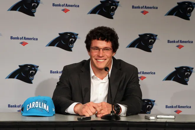 Apr 27, 2012; Charlotte, NC, USA Carolina Panthers first round draft pick Luke Kuechly talks with the media during a press conference at Bank of America Stadium. Mandatory Credit: Jeremy Brevard-USA TODAY Sports