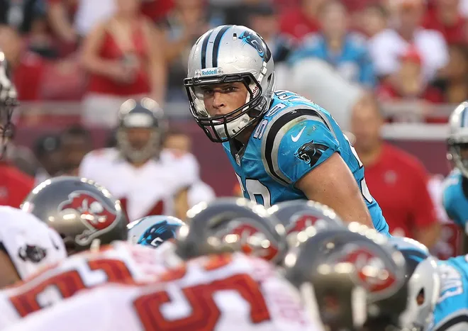 September 9, 2012; Tampa, FL, USA; Carolina Panthers linebacker Luke Kuechly (59) rushes against the Tampa Bay Buccaneers in the second half at Raymond James Stadium. Tampa Bay Buccaneers defeated the Carolina Panthers 16-10. Mandatory Credit: Kim Klement-USA TODAY Sports