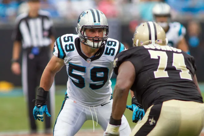 Sep 16, 2012; Charlotte, NC, USA Carolina Panthers outside linebacker Luke Kuechly (59) lines up against the New Orleans Saints during the second quarter at Bank of America Stadium. Mandatory Credit: Jeremy Brevard-USA TODAY Sports