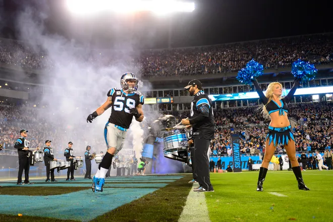 Nov 18, 2013; Charlotte, NC, USA; Carolina Panthers middle linebacker Luke Kuechly (59) is introduced before the game at Bank of America Stadium. Mandatory Credit: Bob Donnan-USA TODAY Sports