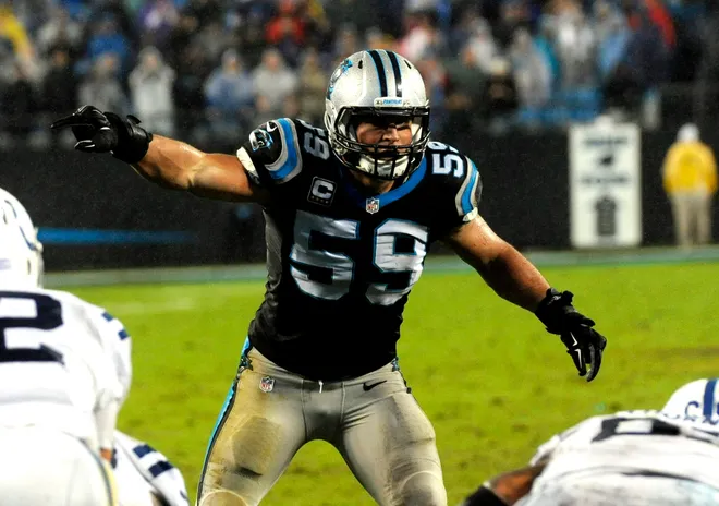 Nov 2, 2015; Charlotte, NC, USA; Carolina Panthers linebacker Luke Kuechly (59) calls out to his defense during the second half of the game against the Indianapolis Colts at Bank of America Stadium. Mandatory Credit: Sam Sharpe-USA TODAY Sports