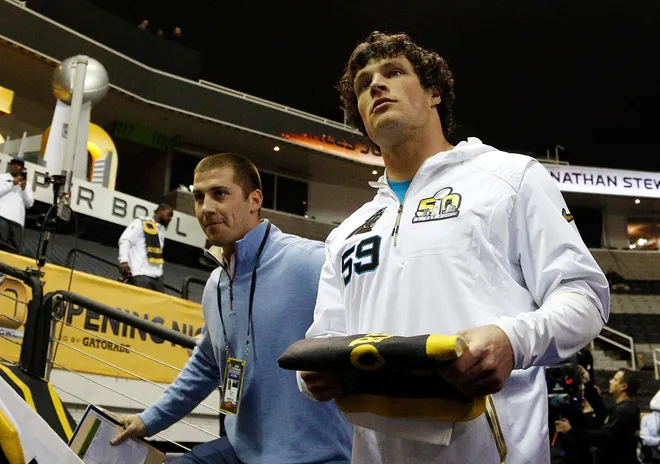 Feb 1, 2016; San Jose, CA, USA; Carolina Panthers middle linebacker Luke Kuechly (59) during Super Bowl 50 Opening Night media day at SAP Center. Mandatory Credit: Peter Casey-USA TODAY Sports