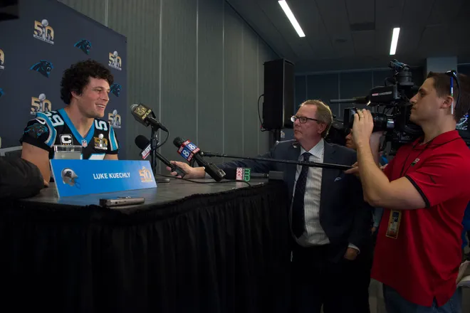 February 4, 2016; San Jose, CA, USA; Carolina Panthers middle linebacker Luke Kuechly (59) addresses the media in a press conference prior to Super Bowl 50 at San Jose Convention Center. Mandatory Credit: Kyle Terada-USA TODAY Sports