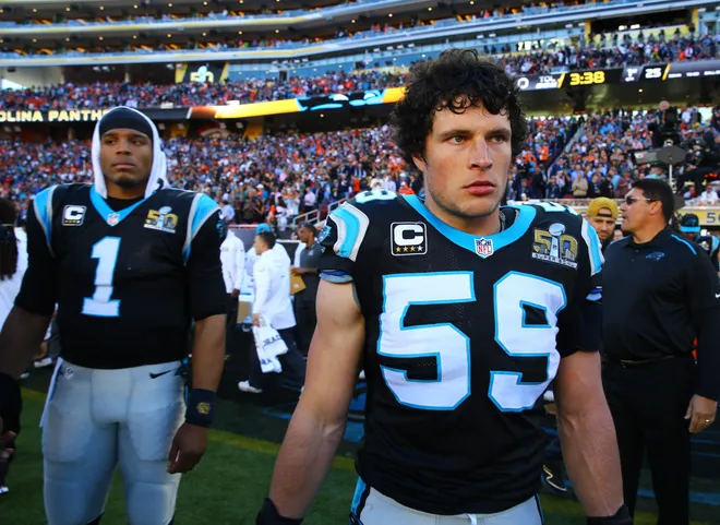 Feb 7, 2016; Santa Clara, CA, USA; Carolina Panthers linebacker Luke Kuechly (59) and quarterback Cam Newton (1) against the Denver Broncos during Super Bowl 50 at Levi's Stadium. Mandatory Credit: Mark J. Rebilas-USA TODAY Sports