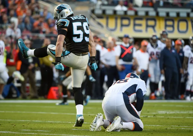 Feb 7, 2016; Santa Clara, CA, USA; Carolina Panthers middle linebacker Luke Kuechly (59) celebrates a sack on Denver Broncos quarterback Peyton Manning (18) during the second quarter in Super Bowl 50 at Levi's Stadium. Mandatory Credit: Kyle Terada-USA TODAY Sports