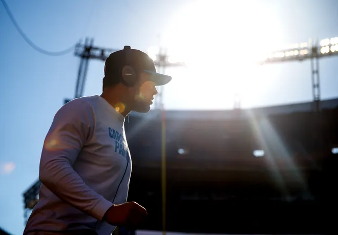Sep 8, 2016; Denver, CO, USA; Carolina Panthers linebacker Luke Kuechly warms up prior to the game against the Denver Broncos at Sports Authority Field at Mile High. The Broncos defeated the Panthers 21-20. Mandatory Credit: Mark J. Rebilas-USA TODAY Sports
