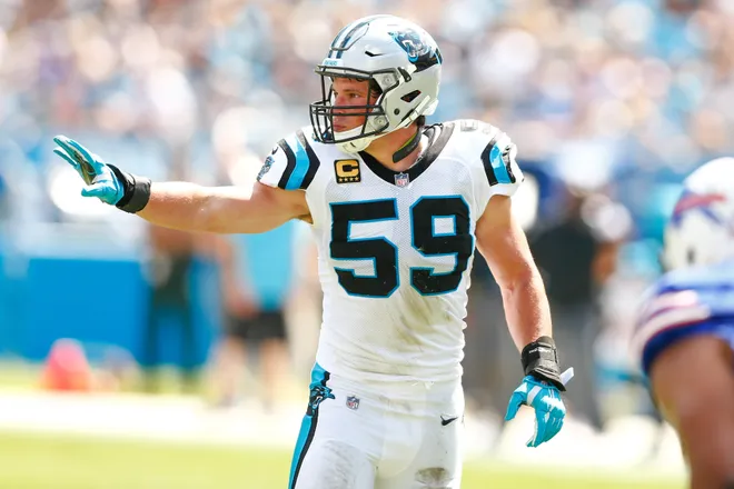 Sep 17, 2017; Charlotte, NC, USA; Carolina Panthers middle linebacker Luke Kuechly (59) calls out coverage in the second quarter against the Buffalo Bills at Bank of America Stadium. Mandatory Credit: Jeremy Brevard-USA TODAY Sports