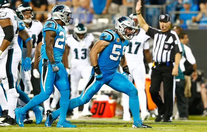 Oct 12, 2017; Charlotte, NC, USA; Carolina Panthers middle linebacker Luke Kuechly (59) celebrates a tackle in the second quarter against the Philadelphia Eagles at Bank of America Stadium. Mandatory Credit: Jeremy Brevard-USA TODAY Sports