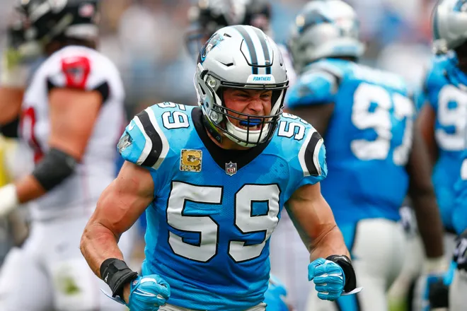 Nov 5, 2017; Charlotte, NC, USA; Carolina Panthers middle linebacker Luke Kuechly (59) reacts after a stop in the second quarter against the Atlanta Falcons at Bank of America Stadium. Mandatory Credit: Jeremy Brevard-USA TODAY Sports