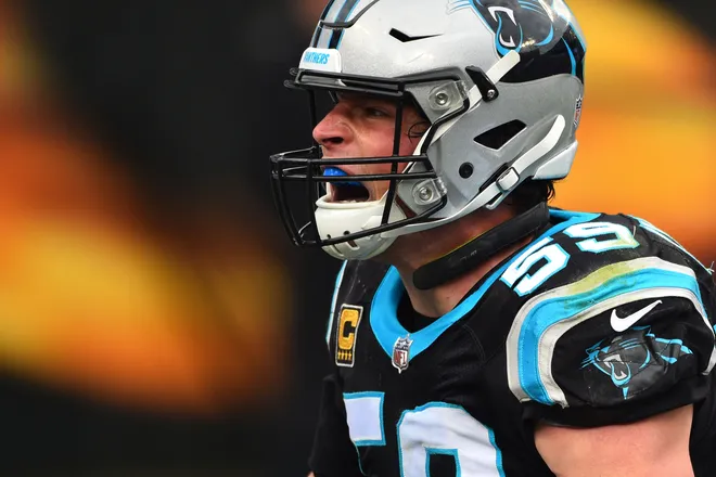 Dec 24, 2017; Charlotte, NC, USA; Carolina Panthers middle linebacker Luke Kuechly (59) reacts in the second quarter at Bank of America Stadium. Mandatory Credit: Bob Donnan-USA TODAY Sports