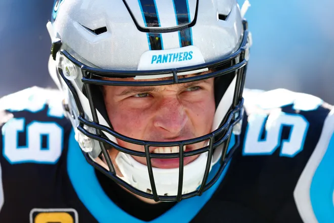 Dec 10, 2017; Charlotte, NC, USA; Carolina Panthers middle linebacker Luke Kuechly (59) warms up prior to the game against the Minnesota Vikings at Bank of America Stadium. Mandatory Credit: Jeremy Brevard-USA TODAY Sports