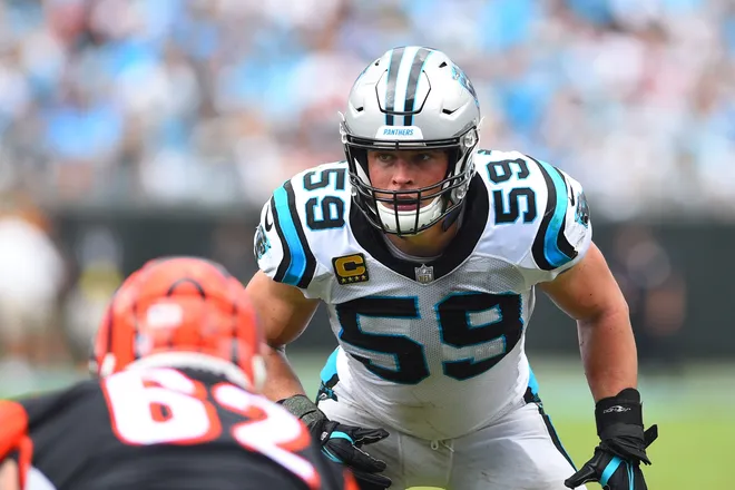 Sep 23, 2018; Charlotte, NC, USA; Carolina Panthers linebacker Luke Kuechly (59) on the field in the fourth quarter at Bank of America Stadium. Mandatory Credit: Bob Donnan-USA TODAY Sports