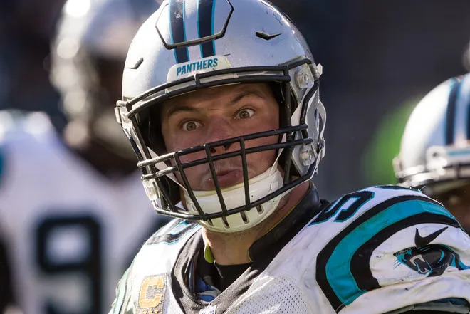 Oct 21, 2018; Philadelphia, PA, USA; Carolina Panthers linebacker Luke Kuechly (59) reacts after breaking up a pass play against the Philadelphia Eagles during the fourth quarter at Lincoln Financial Field. Mandatory Credit: Bill Streicher-USA TODAY Sports