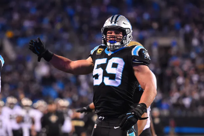 Dec 17, 2018; Charlotte, NC, USA; Carolina Panthers middle linebacker Luke Kuechly (59) reacts in the fourth quarter at Bank of America Stadium. Mandatory Credit: Bob Donnan-USA TODAY Sports