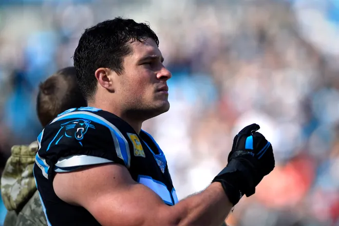 Nov 17, 2019; Charlotte, NC, USA; Carolina Panthers middle linebacker Luke Kuechly (59) before the game at Bank of America Stadium. Mandatory Credit: Bob Donnan-USA TODAY Sports