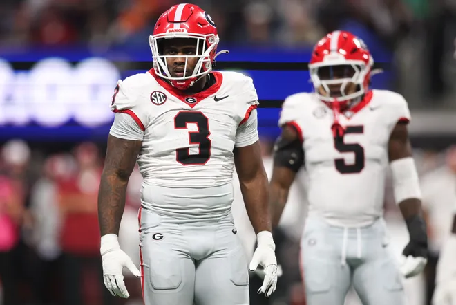 Dec 6, 2025; Atlanta, GA, USA; Georgia Bulldogs linebacker CJ Allen (3) looks on during the first quarter against the Alabama Crimson Tide during the 2025 SEC Championship game at Mercedes-Benz Stadium. Mandatory Credit: Brett Davis-Imagn Images