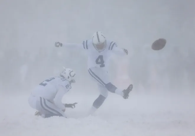 Dec 10, 2017; Orchard Park, NY, USA; Indianapolis Colts kicker Adam Vinatieri (4) misses a field goal during the first half against the Buffalo Bills at New Era Field. Mandatory Credit: Timothy T. Ludwig-USA TODAY Sports