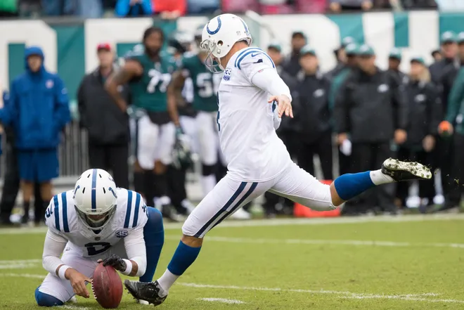 Sep 23, 2018; Philadelphia, PA, USA; Indianapolis Colts kicker Adam Vinatieri (4) kicks the ball against the Philadelphia Eagles during the fourth quarter at Lincoln Financial Field. Mandatory Credit: Bill Streicher-USA TODAY Sports