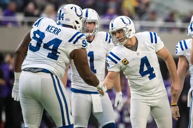 Dec 18, 2016; Minneapolis, MN, USA; Indianapolis Colts kicker Adam Vinatieri (4) is congratulated by defensive tackle Zach Kerr (94) during the first quarter against the Minnesota Vikings at U.S. Bank Stadium. Mandatory Credit: Brace Hemmelgarn-USA TODAY Sports