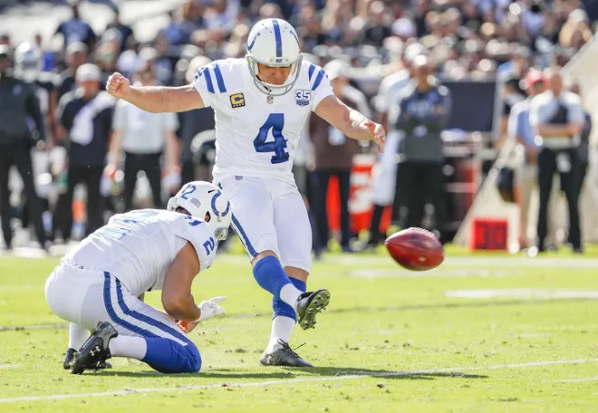 Indianapolis Colts kicker Adam Vinatieri (4) ties the NFL-record for most point scored, 2,544, in league history with this first-quarter kick.
Indianapolis Colts Take On The Oakland Raiders