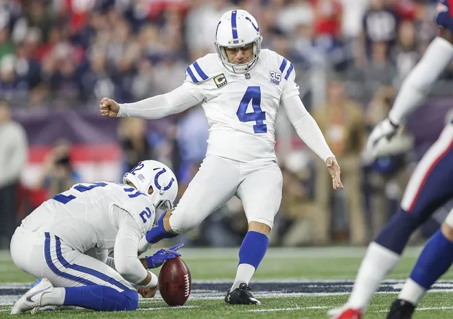 Indianapolis Colts kicker Adam Vinatieri (4) kicks a 54-yard field goal in the second quarter at Gillette Stadium in Foxborough, Mass., Thursday, Oct. 4, 2018.
Indianapolis Colts Versus New England Patriots At Gillette Stadium In Foxborough Mass Thursday Oct 4 2018