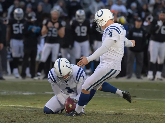 Dec 24, 2016; Oakland, CA, USA; Indianapolis Colts kicker Adam Vinatieri (4) attempts a field goal out of the hold of punter Pat McAfee (1) during a NFL football game against the Oakland Raiders at Oakland-Alameda County Coliseum. The Raiders defeated the Colts 33-25. Mandatory Credit: Kirby Lee-USA TODAY Sports