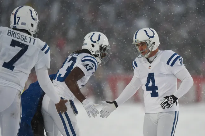 Dec 10, 2017; Orchard Park, NY, USA; Indianapolis Colts quarterback Jacoby Brissett (7) and wide receiver T.Y. Hilton (13) greet kicker Adam Vinatieri (4) after kicking the game tying extra point against the Buffalo Bills during the fourth quarter at New Era Field. Mandatory Credit: Rich Barnes-USA TODAY Sports