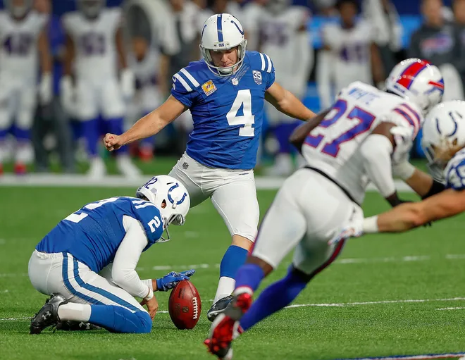 Indianapolis Colts kicker Adam Vinatieri (4) attempts an extra point but misses it in the second half of their game against the Buffalo Bills on Sunday, Oct 21, 2018. The Colts defeated the Bills 37-5.
Indianapolis Colts Battle The Buffalo Bills In Nfl Action