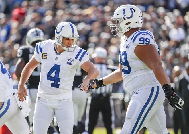 Indianapolis Colts kicker Adam Vinatieri (4) kicked a field goal during the first half of action. Vinatieri tied the NFL record for most point scored, 2,544, in league history. The Oakland Raiders hosted the Indianapolis Colts at The Coliseum in Oakland, California, Sunday, Oct. 28, 2018.
Indianapolis Colts take on the Oakland Raiders