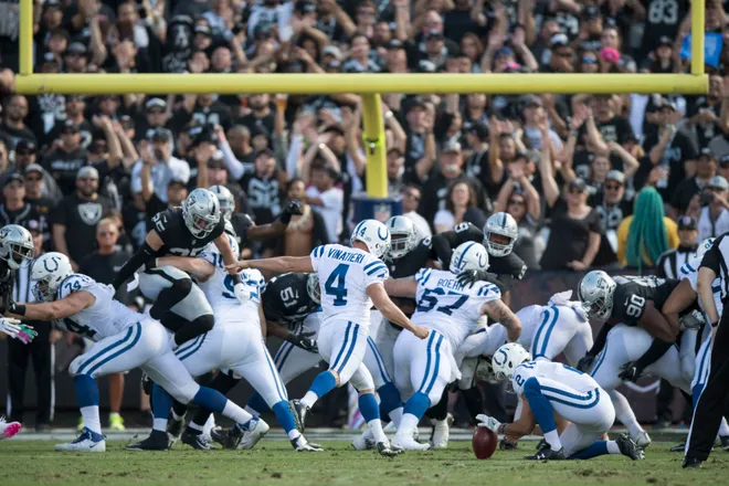 October 28, 2018; Oakland, CA, USA; Indianapolis Colts kicker Adam Vinatieri (4) kicks a field goal to become NFL's all-time points leader during the second quarter against the Oakland Raiders at Oakland Coliseum. Mandatory Credit: Kyle Terada-USA TODAY Sports