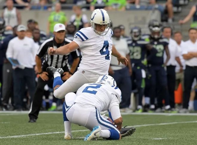 Aug 9, 2018; Seattle, WA, USA; Indianapolis Colts kicker Adam Vinatieri (4) kicks the ball out of punter Rigoberto Sanchez (2) during a preseason game at CenturyLink Field. The Colts defeated the Seahawks 19-17. Mandatory Credit: Kirby Lee-USA TODAY Sports
