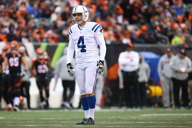 Oct 29, 2017; Cincinnati, OH, USA; Indianapolis Colts kicker Adam Vinatieri (4) against the Cincinnati Bengals at Paul Brown Stadium. Mandatory Credit: Aaron Doster-USA TODAY Sports