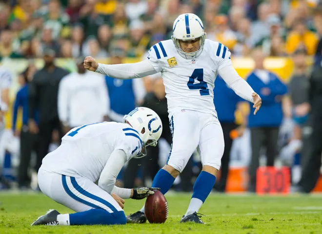 Nov 6, 2016; Green Bay, WI, USA; Indianapolis Colts kicker Adam Vinatieri (4) during the game against the Green Bay Packers at Lambeau Field. Indianapolis won 31-26. Mandatory Credit: Jeff Hanisch-USA TODAY Sports