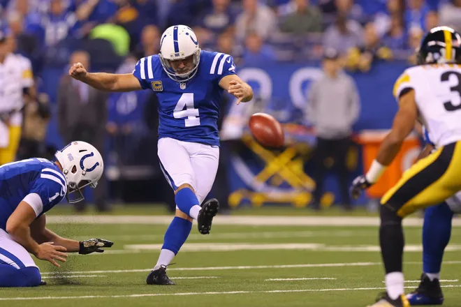Nov 24, 2016; Indianapolis, IN, USA; Indianapolis Colts kicker Adam Vinatieri (4) misses a fifty three yard field goal against the Pittsburgh Steelers in the first half at Lucas Oil Stadium. Mandatory Credit: Aaron Doster-USA TODAY Sports