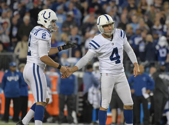 Oct 16, 2017; Nashville, TN, USA; Indianapolis Colts kicker Adam Vinatieri (4) is congratulated by punter Rigoberto Sanchez (2) after kicking a 36-yard field goal in the first quarter against the Tennessee Titan at Nissan Stadium. Mandatory Credit: Kirby Lee-USA TODAY Sports