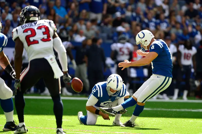 Sep 30, 2018; Indianapolis, IN, USA; Indianapolis Colts kicker Adam Vinatieri (4) kicks an extra point during the first half against the Houston Texans at Lucas Oil Stadium. Mandatory Credit: Jeff Curry-USA TODAY Sports