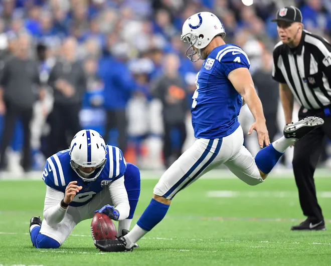 Colts kicker Adam Vinatieri (4) kicks a field goal in the second quarter to make the score 10-0 over the Titans at Lucas Oil Stadium Sunday, Nov. 18, 2018, in Indianapolis, Ind.
Gw50420 2