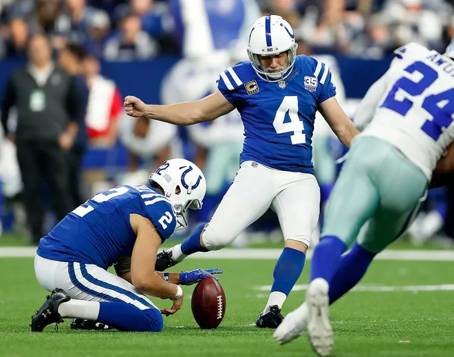 Indianapolis Colts kicker Adam Vinatieri (4) connects on a field goal in the second half of their game at Lucas Oil Stadium on Sunday, Dec. 16, 2018. The Colts shut-out the Cowboys 23-0.
The Indianapolis Colts Play The Dallas Cowboys