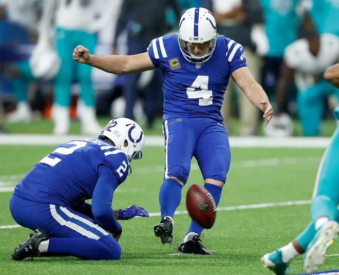 Indianapolis Colts kicker Adam Vinatieri (4) kicks the game-winning 32-yard field goal as time expires in the fourth quarter of their game at Lucas Oil Stadium on Sunday, Nov. 25, 2018. The Colts defeated the Dolphins 27-24.
Indianapolis Colts Host The Miami Dolphins