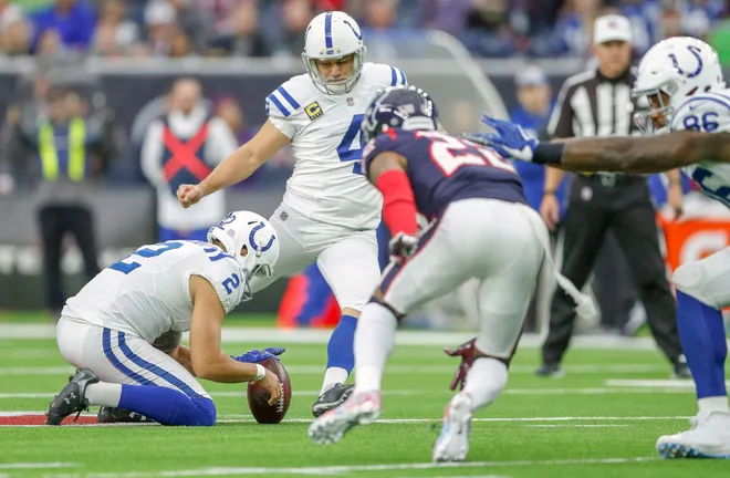 Indianapolis Colts kicker Adam Vinatieri (4) kicks a 54-yard field goal late in the second quarter against the Houston Texans at NRG Stadium in Houston on Sunday, Dec. 9, 2018.
Indianapolis Colts Face The Houston Texans On Sunday Dec 9 2018