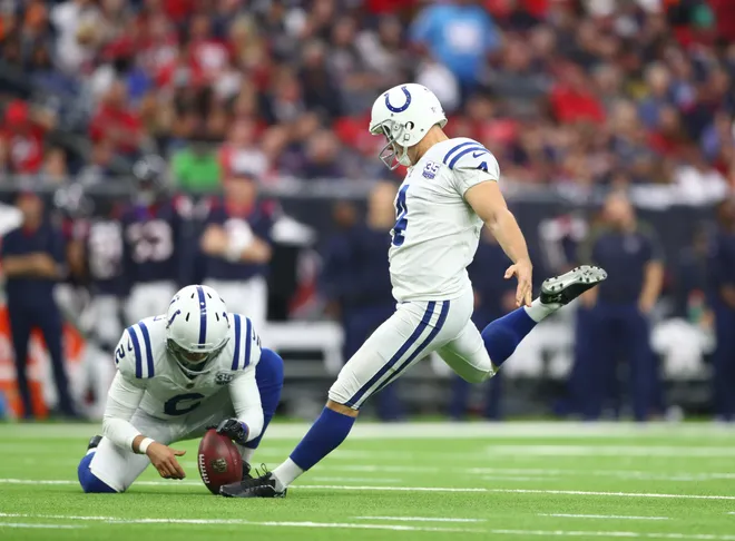 Jan 5, 2019; Houston, TX, USA; Indianapolis Colts kicker Adam Vinatieri (4) against the Houston Texans during the AFC Wild Card at NRG Stadium. Mandatory Credit: Mark J. Rebilas-USA TODAY Sports